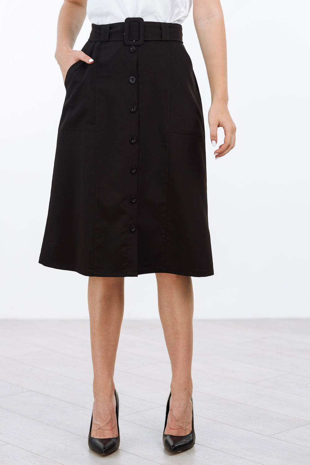 Black A-line skirt with belt