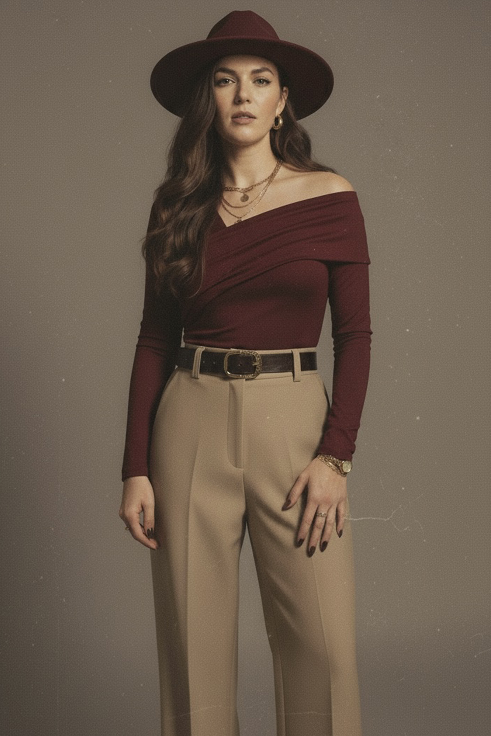 Бордовий лонгслів з довгим рукавом та асиметричним вирізом