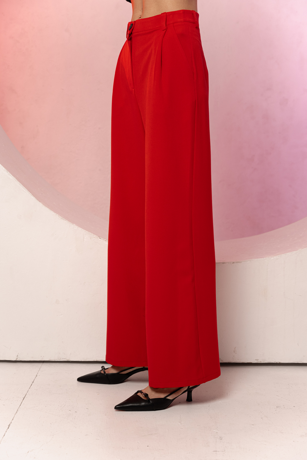 Red wide trousers with a belt