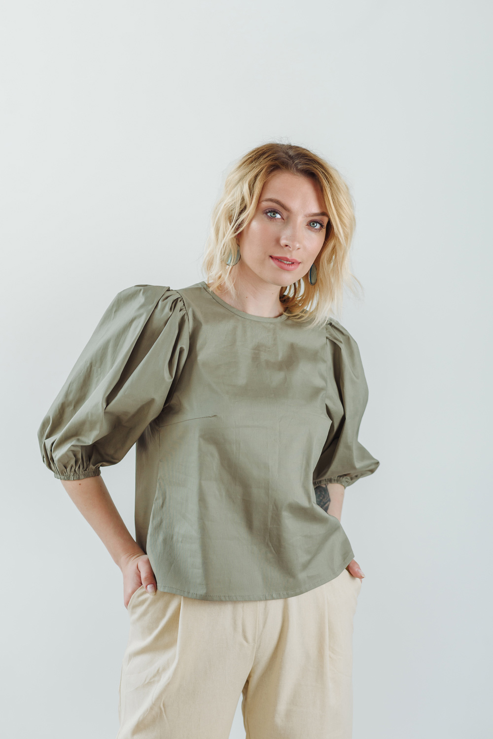 Puff Shoulder Khaki Blouse