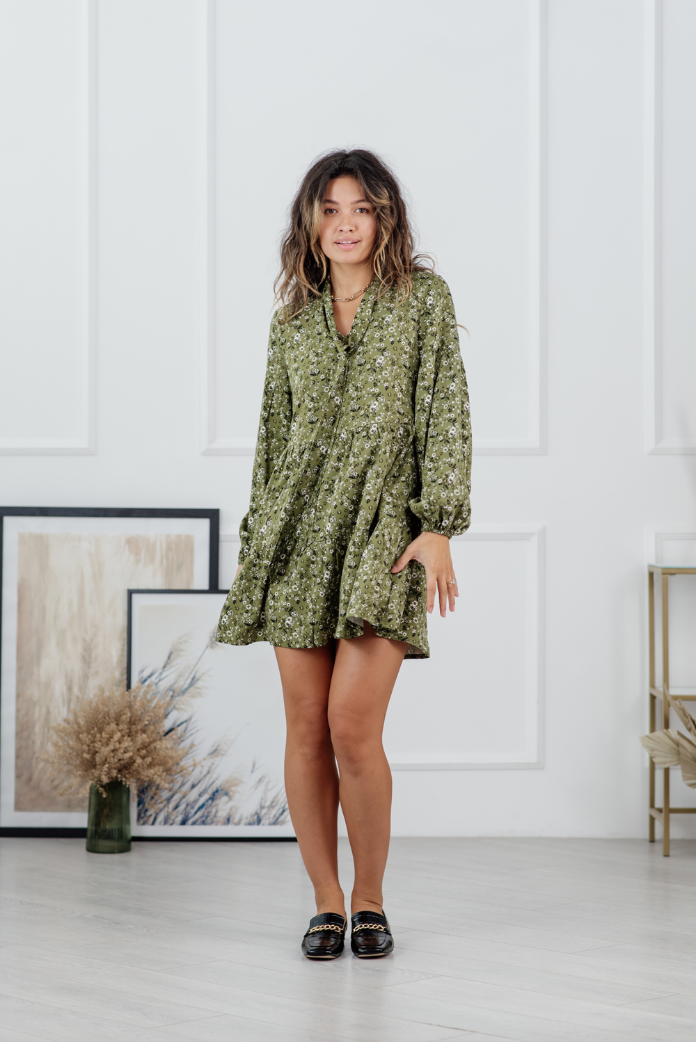 Olive mini dress with ties