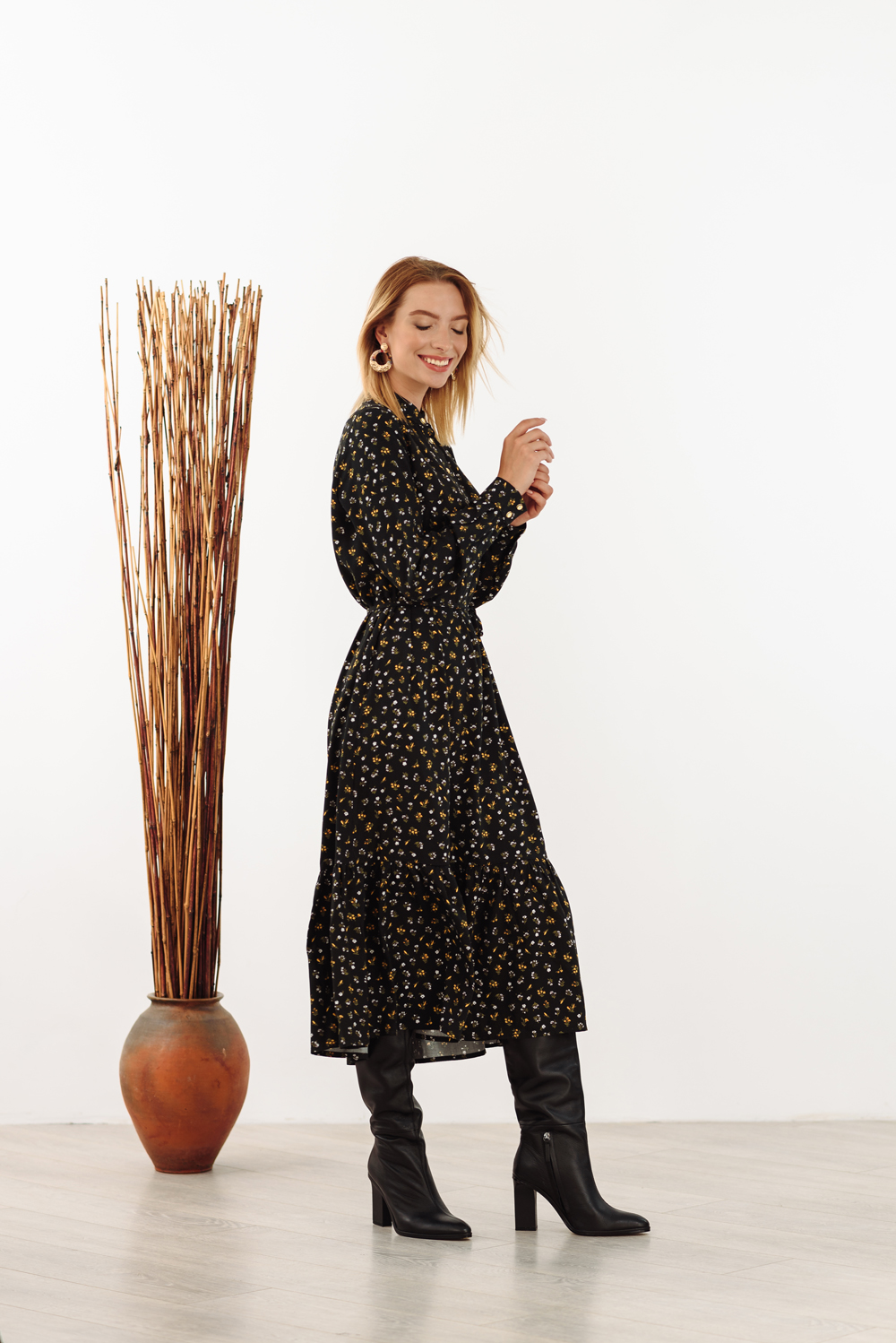 Black long dress in floral print