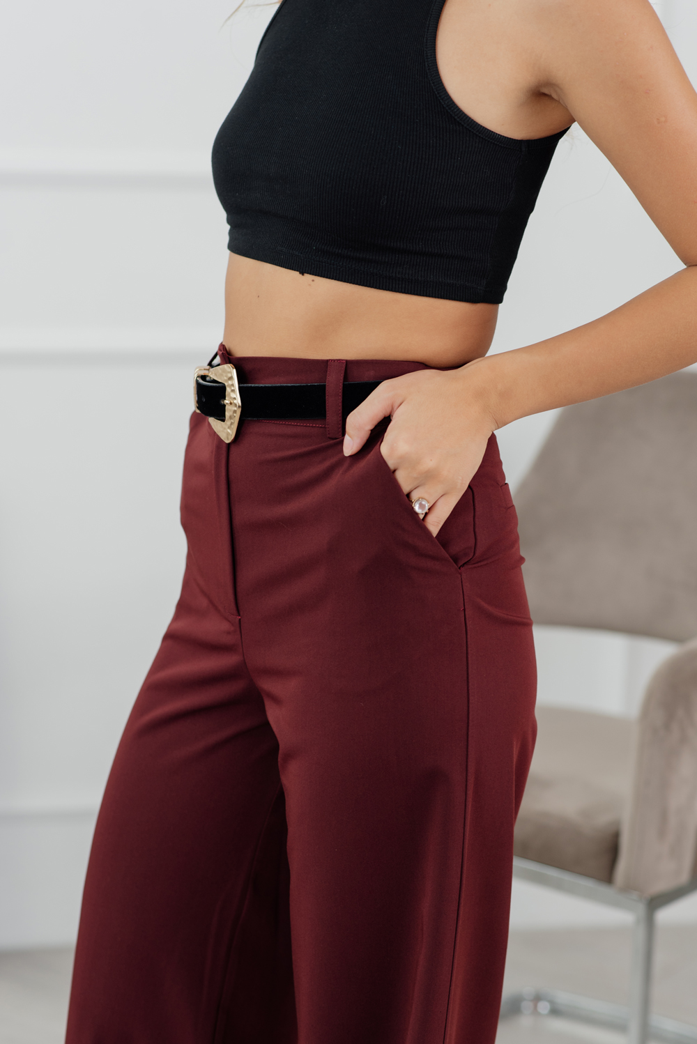 Sangria-coloured placket trousers