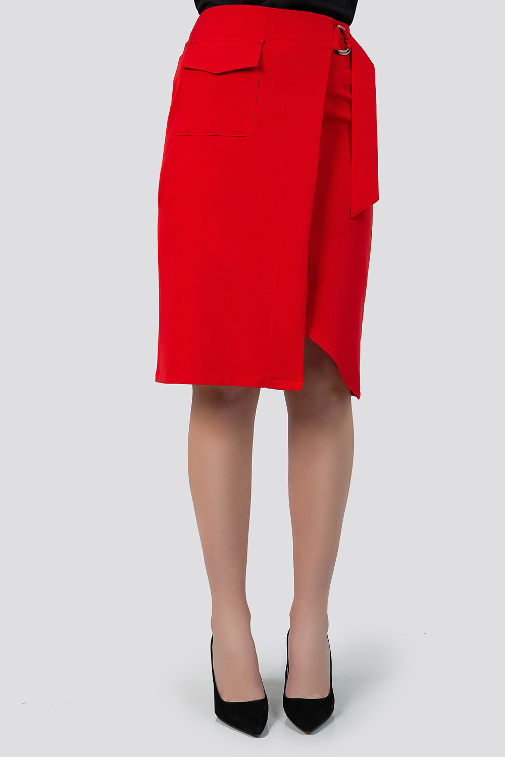 Красная юбка на запах с карманом