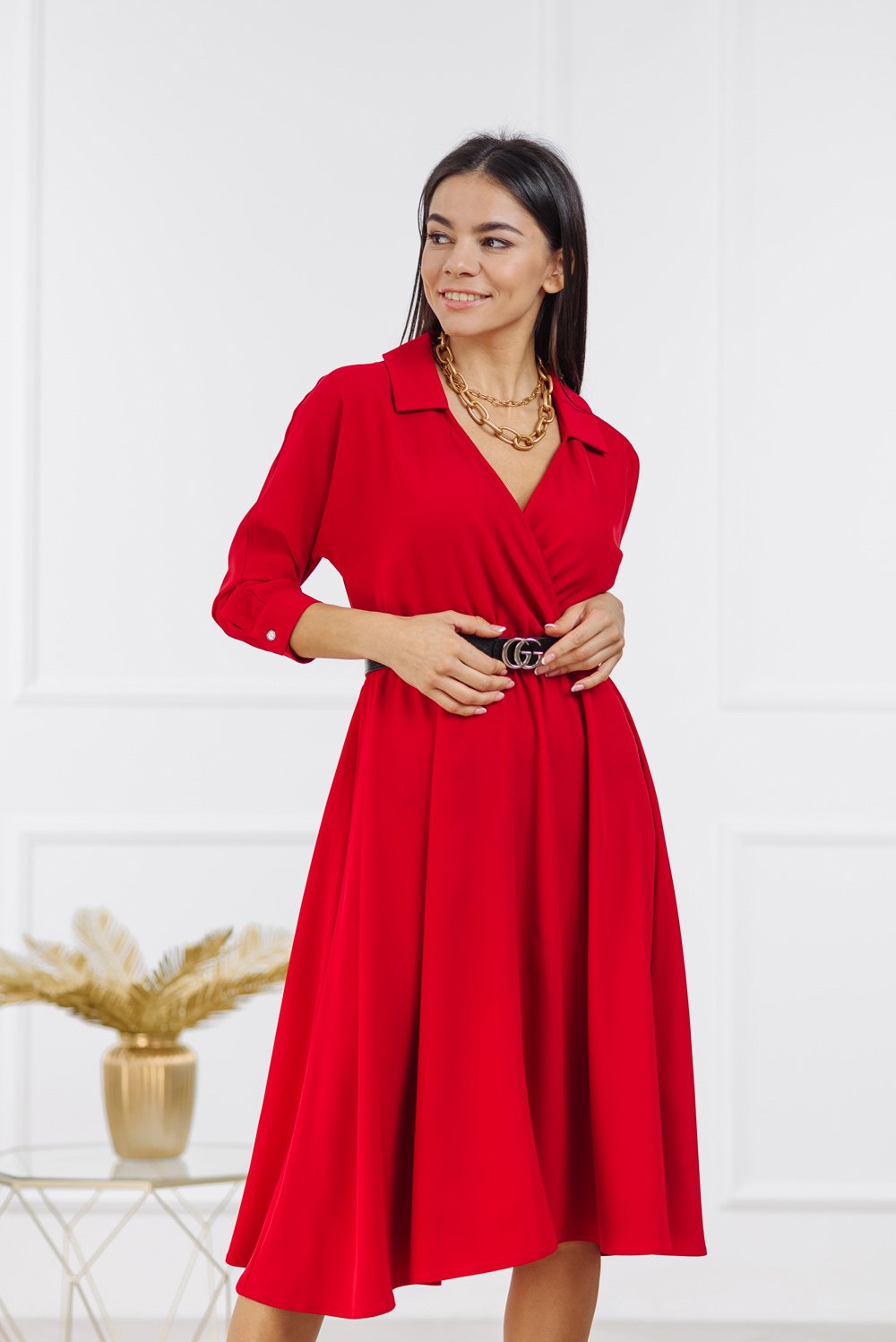 Red V-neck midi dress 