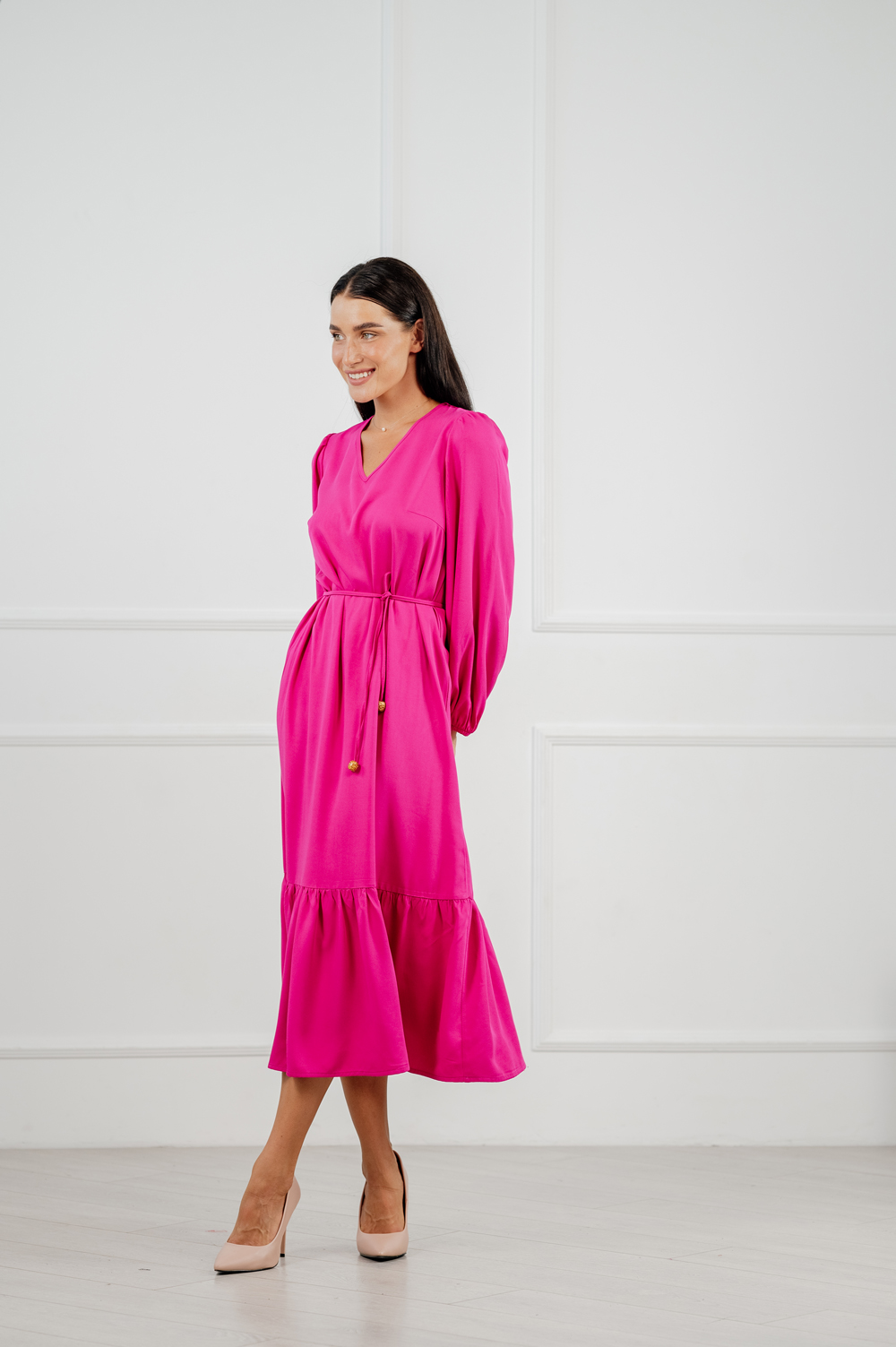 Bright long oversized dress in trendy fuchsia.