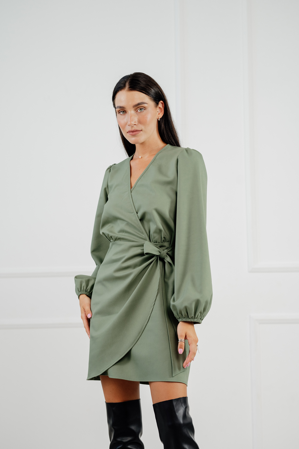 Olive dress semi-adjacent silhouette.