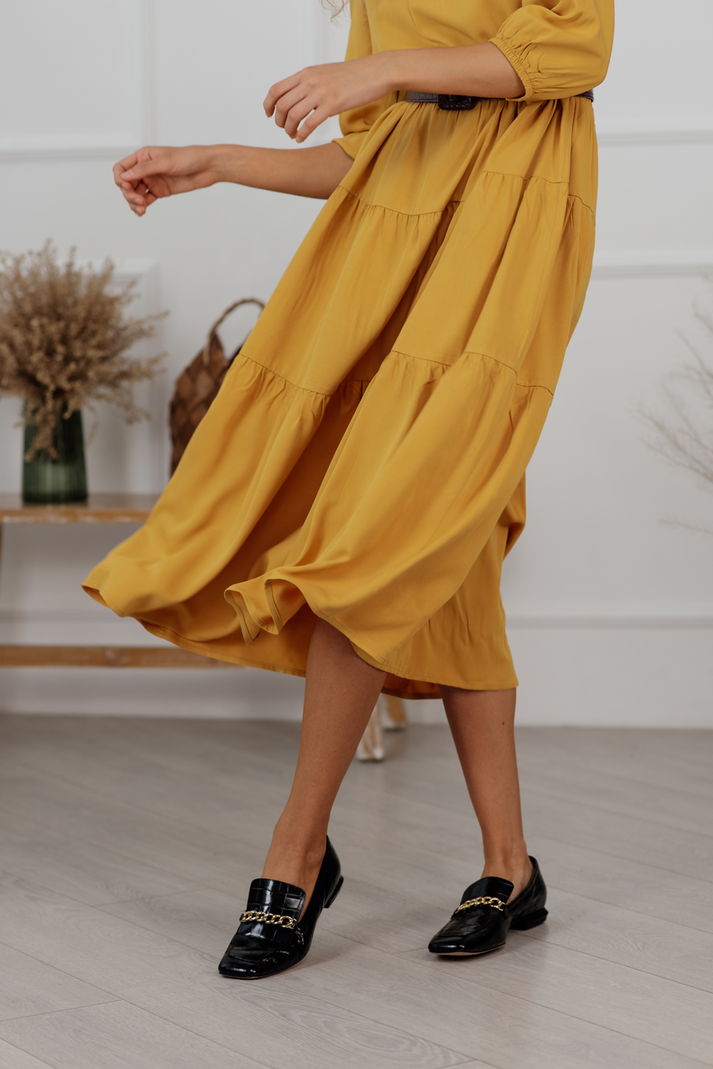 Round Neck Mustard Midi Dress