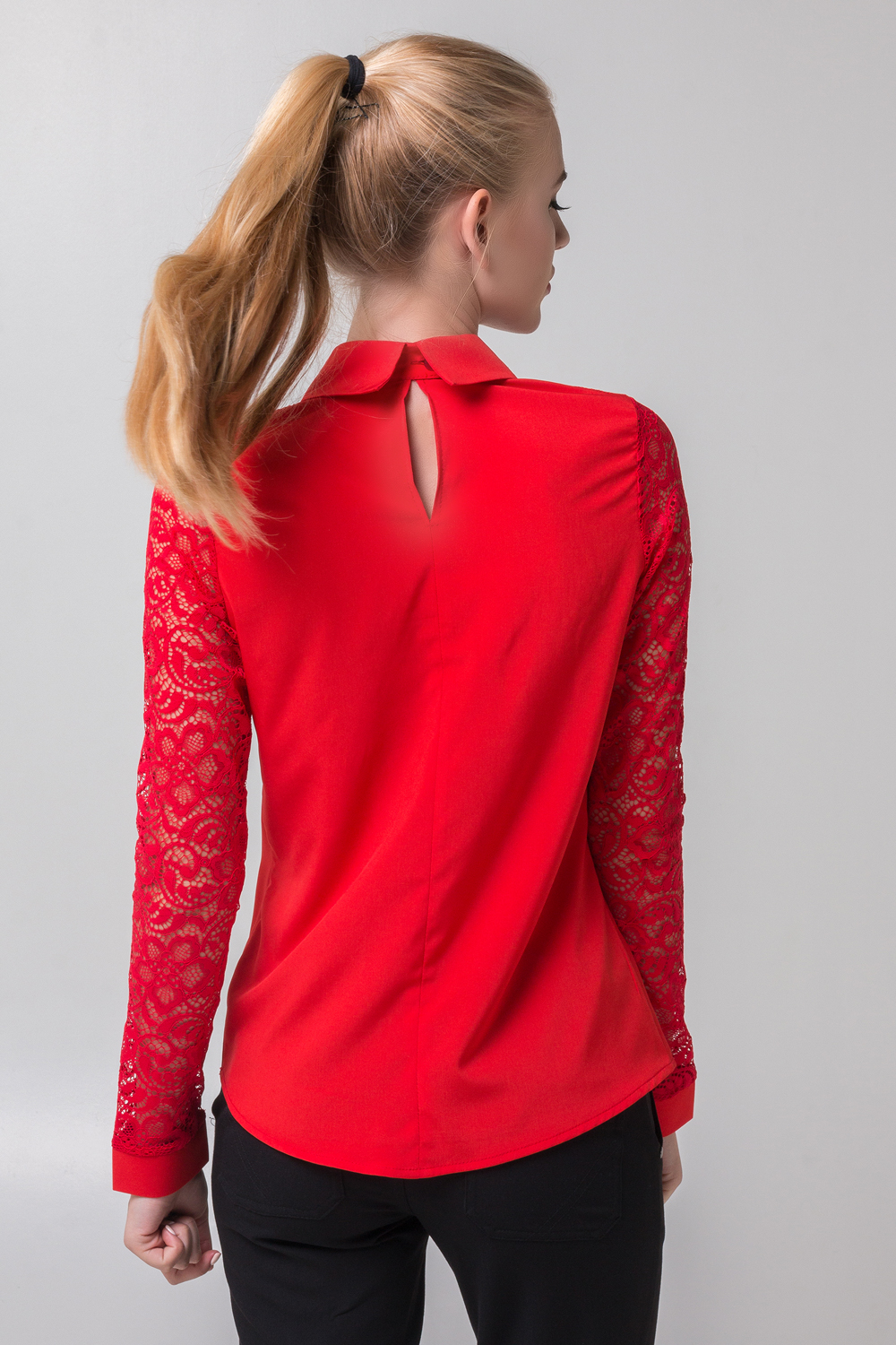 Red blouse with guipure sleeves