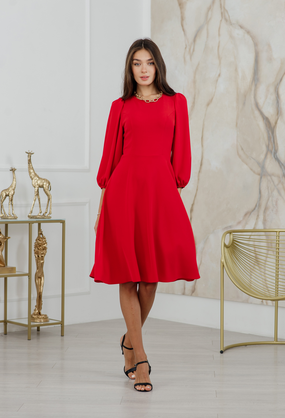 Red midi dress with flared skirt