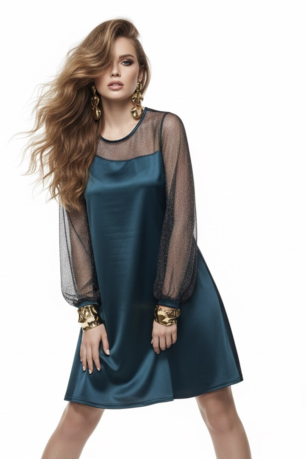 Green A-line loose dress with translucent mesh