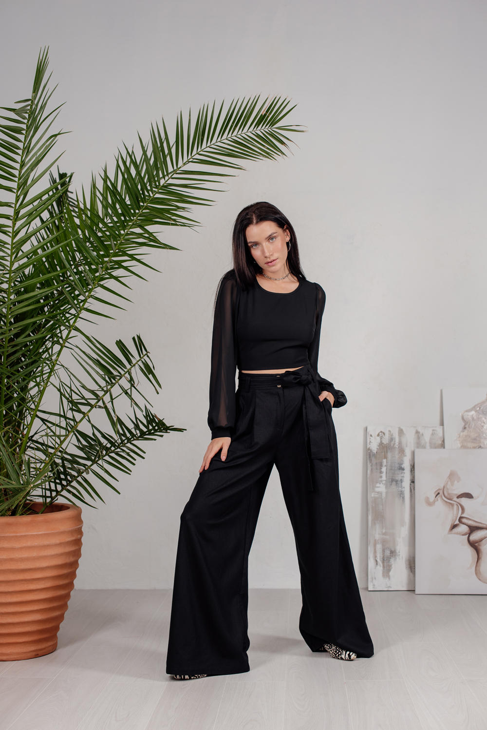 Black linen palazzo trousers