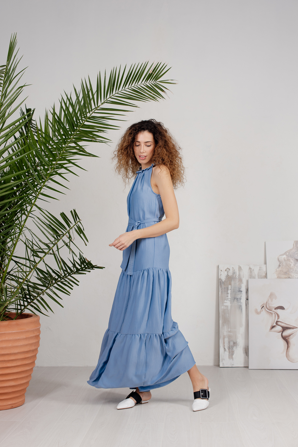 Blue tiered floor-length dress with ties