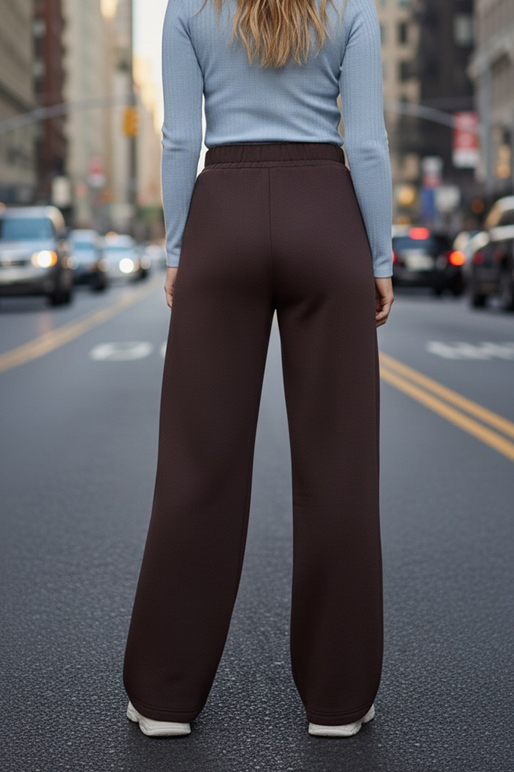 Chocolate wide-leg knit trousers with fleece lining