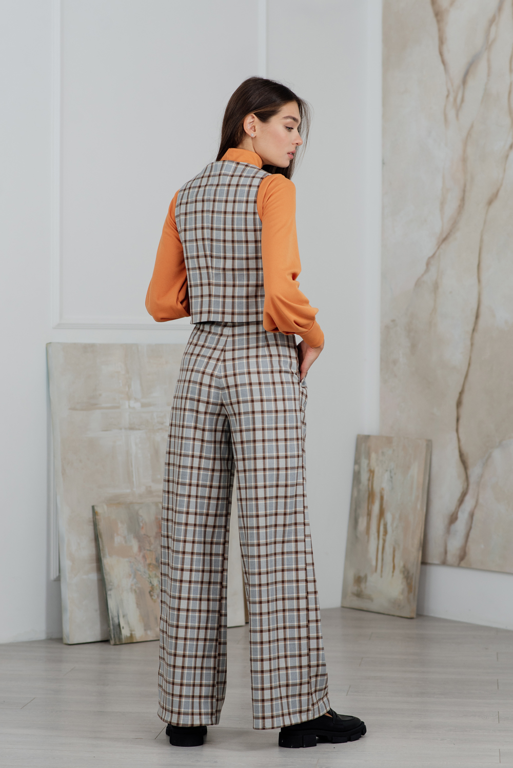 High Rise Check Palazzo Pants