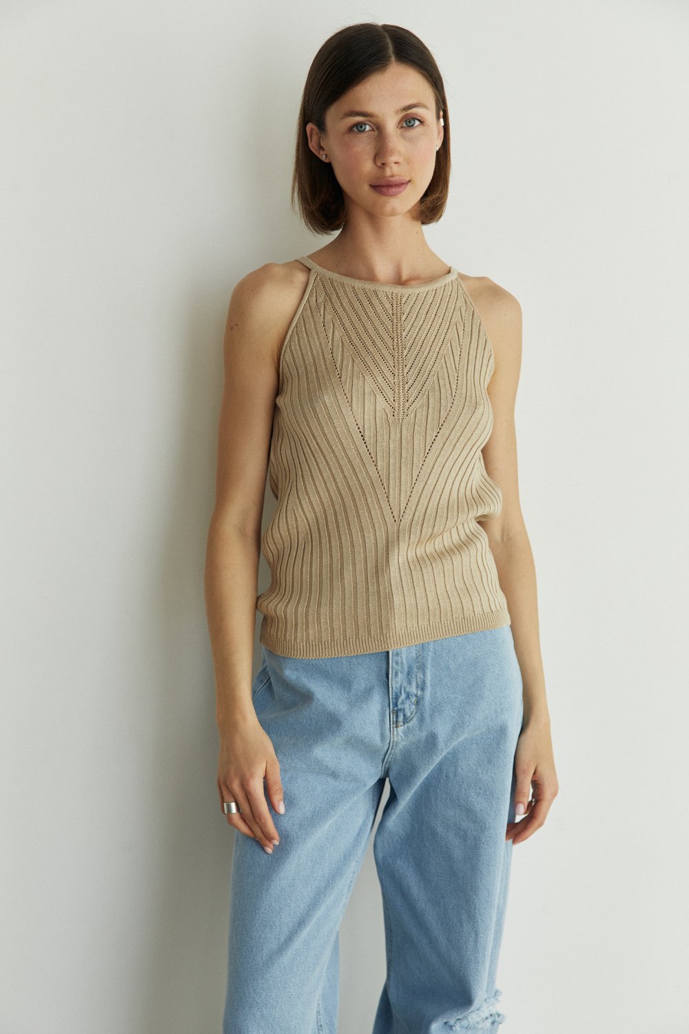 Beige knitted summer tank top with thin straps
