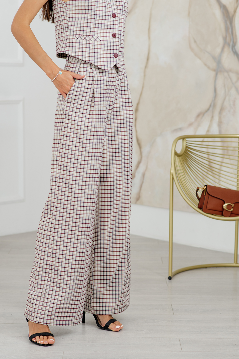 Beige check palazzo trousers