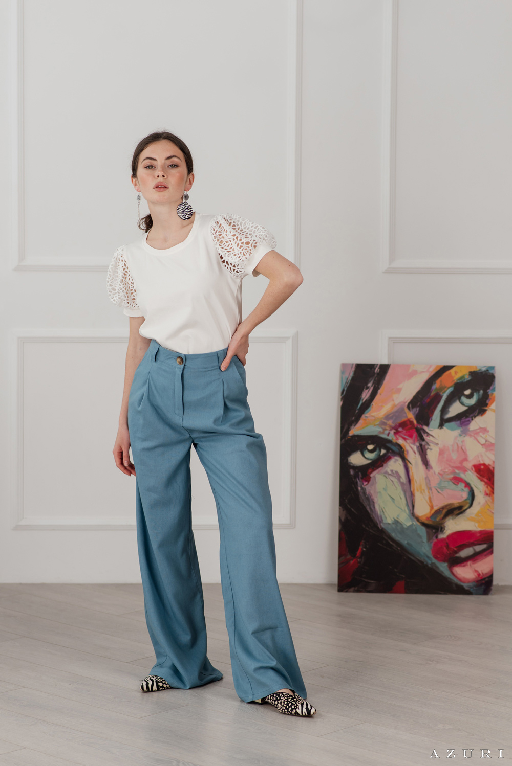 Gray and blue wide leg trousers