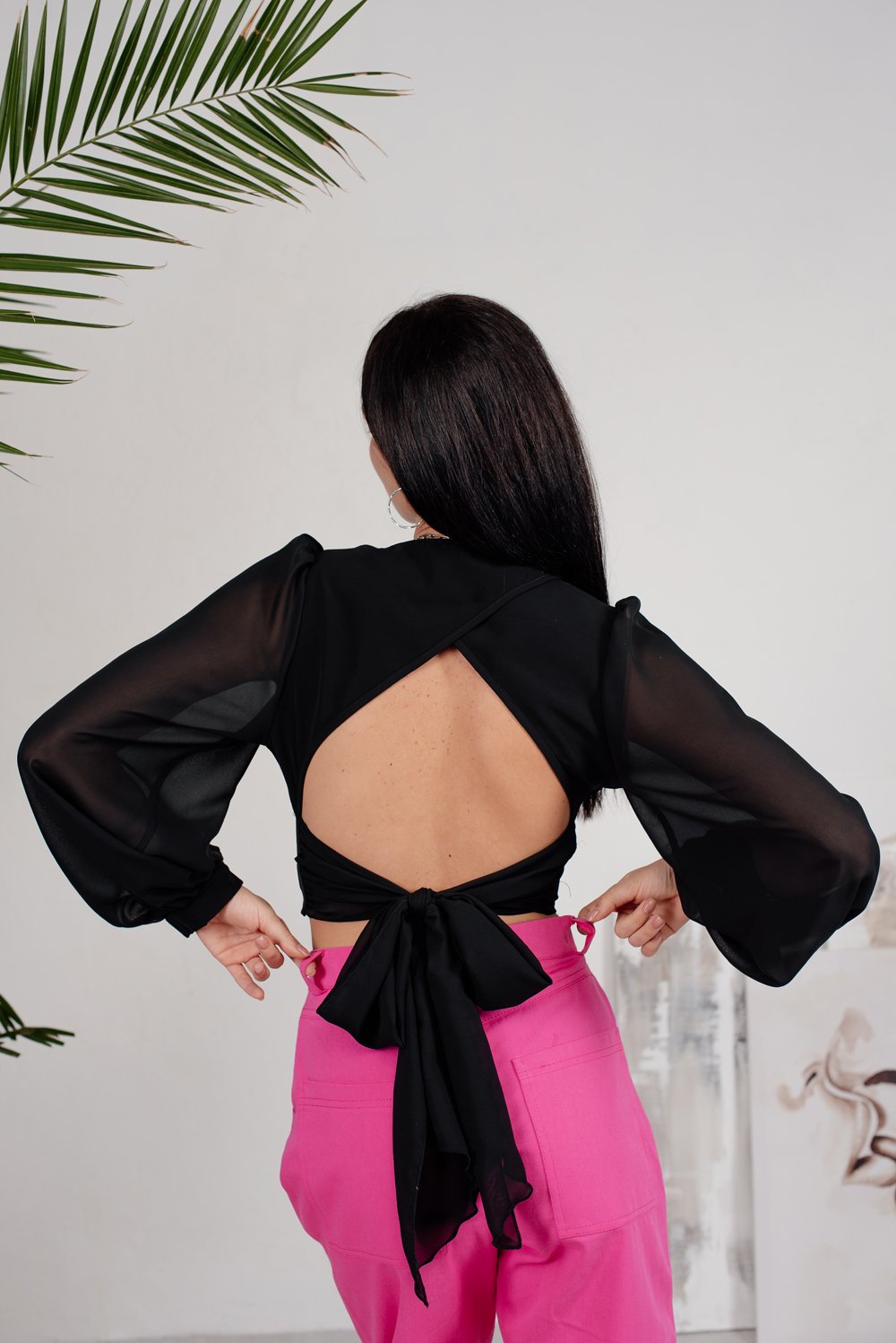 Black blouse with open back and ties