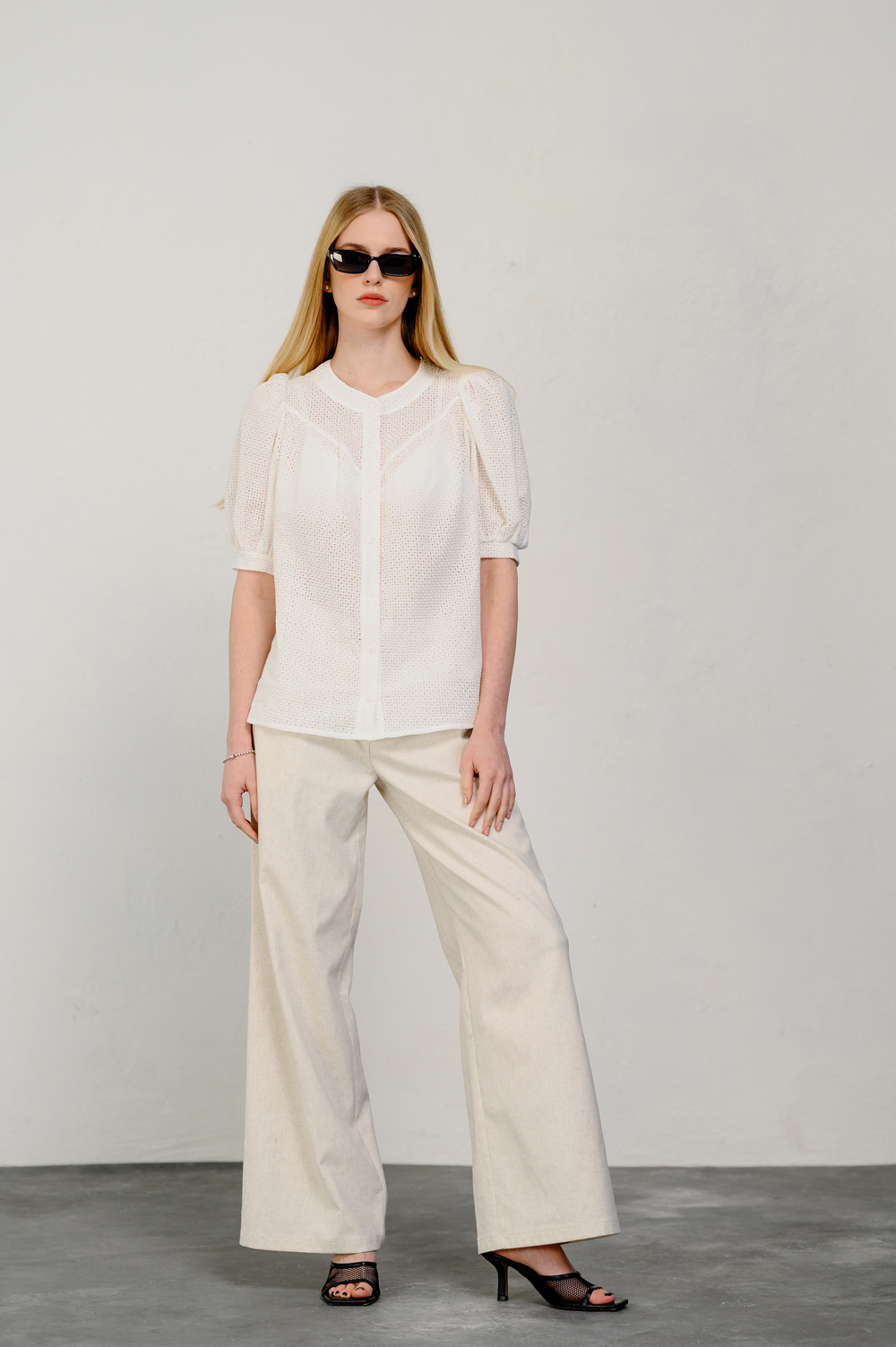 Ivory linen wide leg trousers