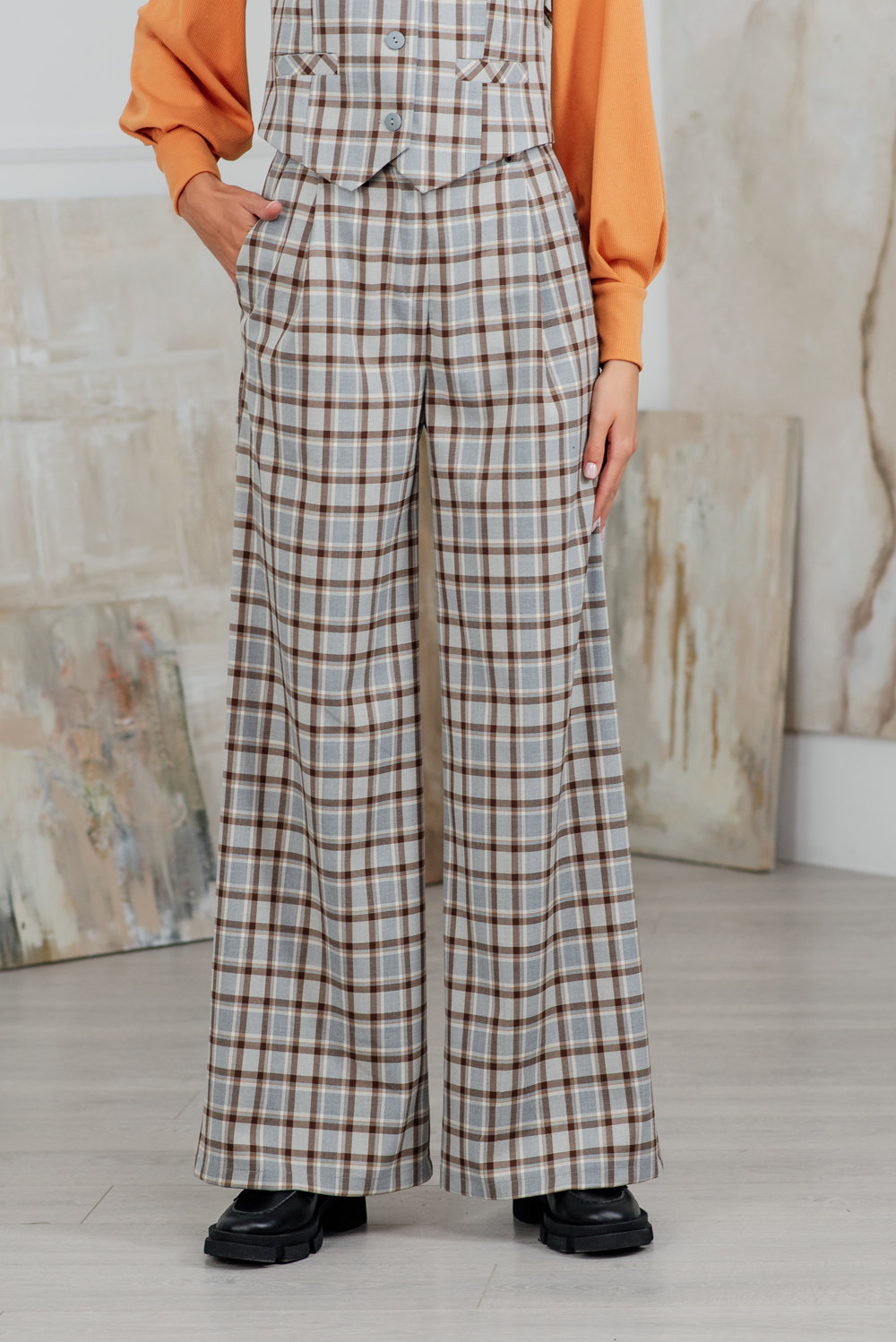 High Rise Check Palazzo Pants