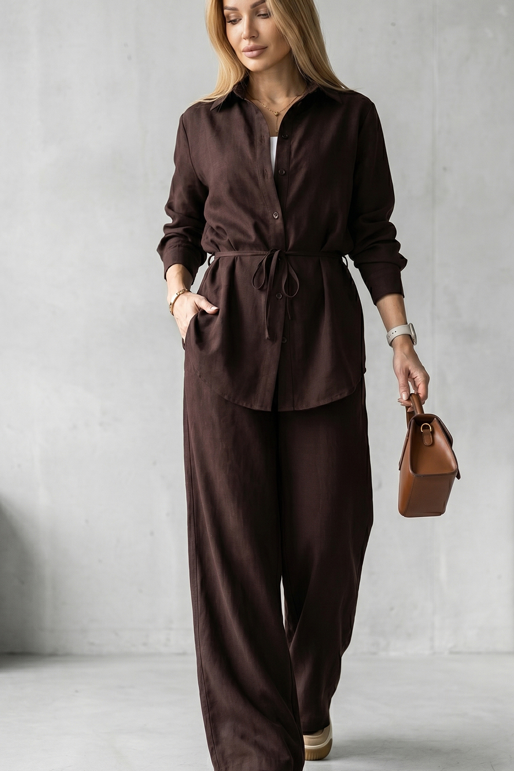 Chocolate blouse with a loose fit and a belt — buy at AZURI