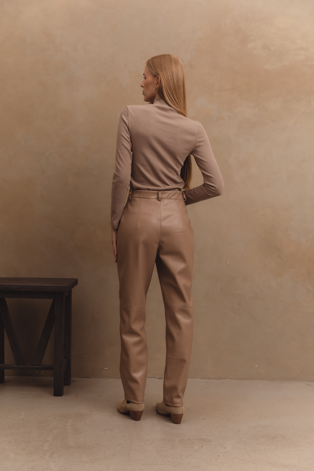 Beige eco-leather straight-leg trousers