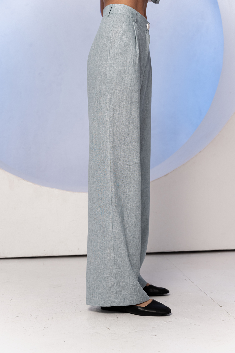 Gray-blue wide linen trousers with a belt