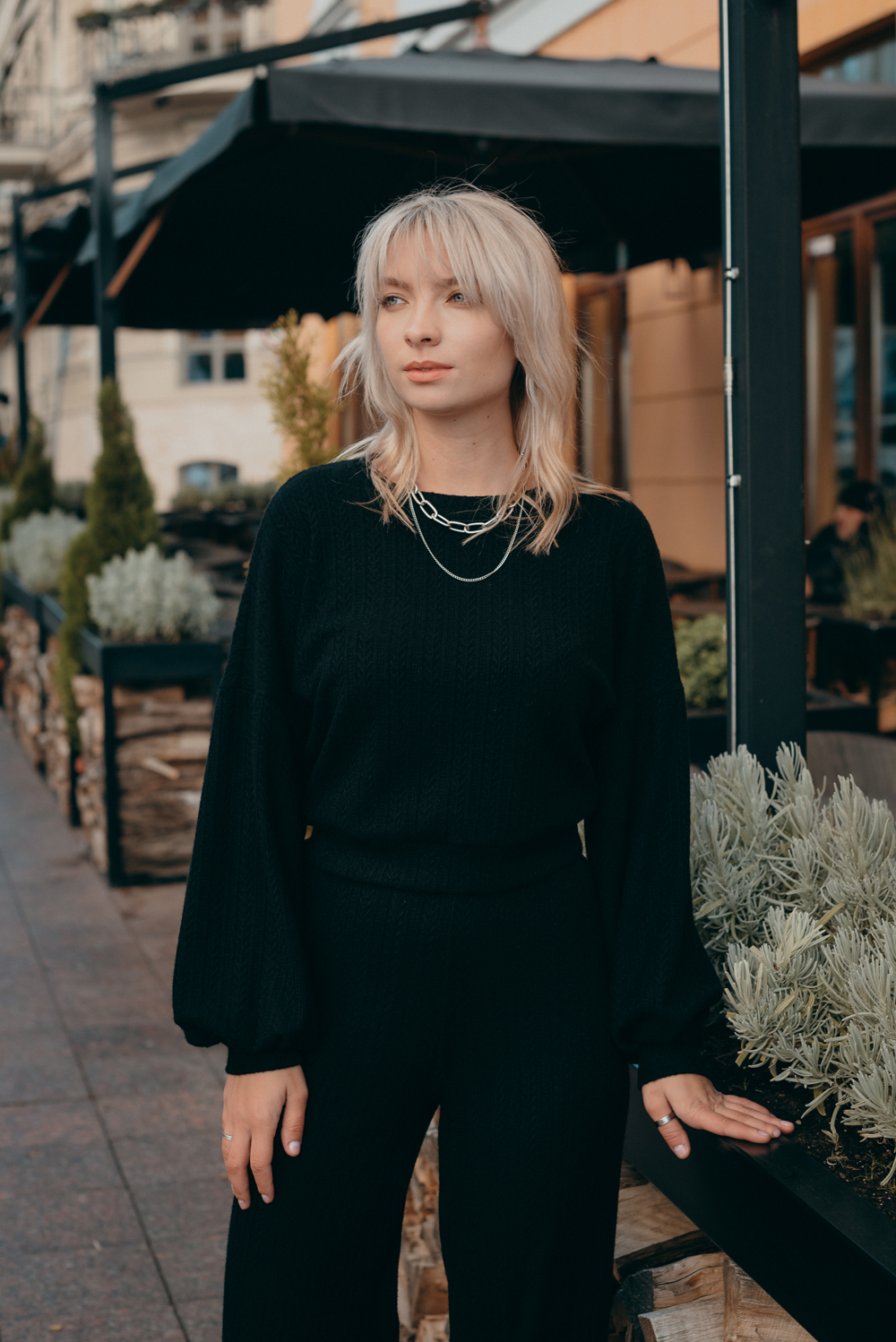 Black top with puff sleeves