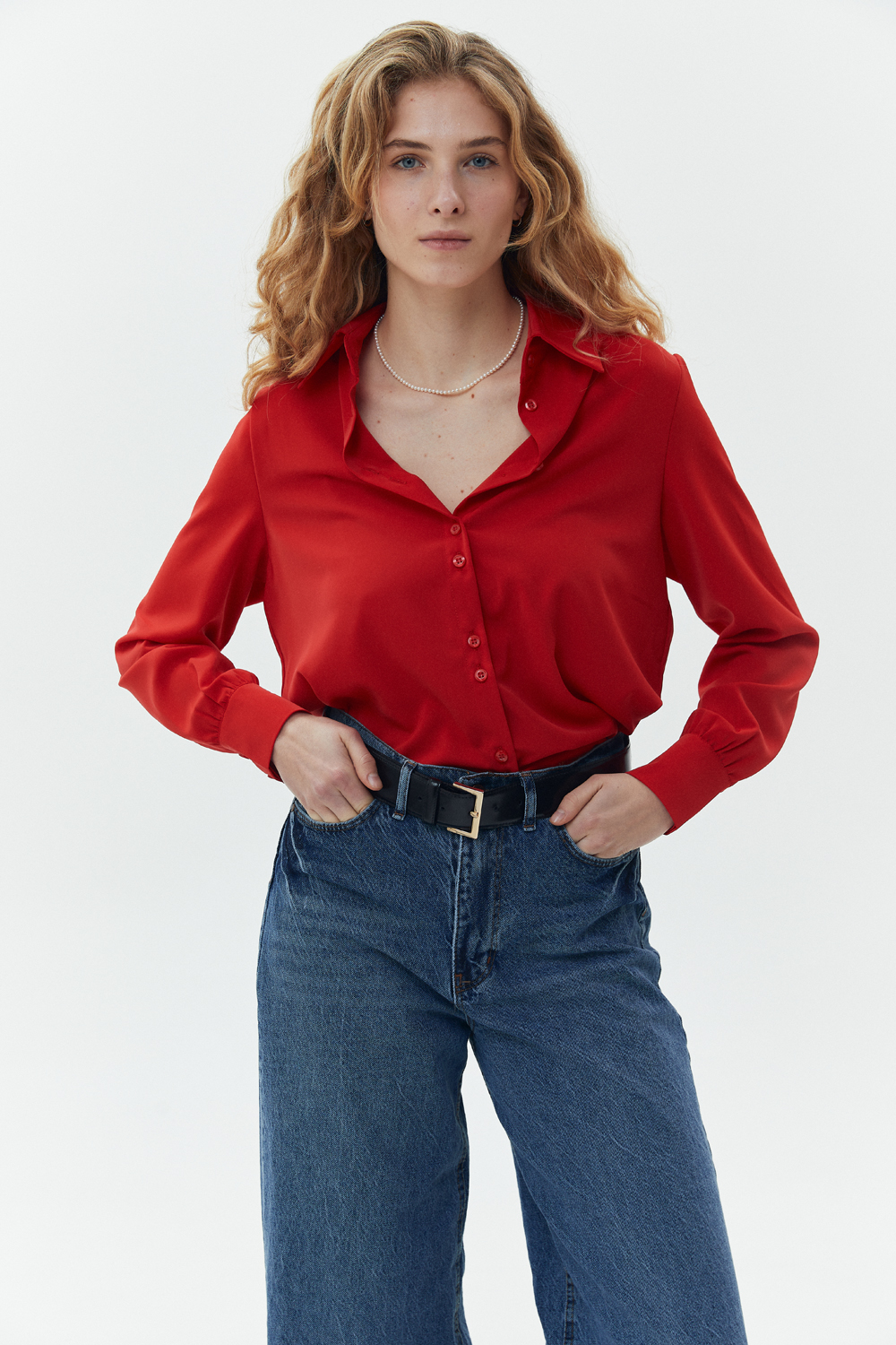 Red button down blouse