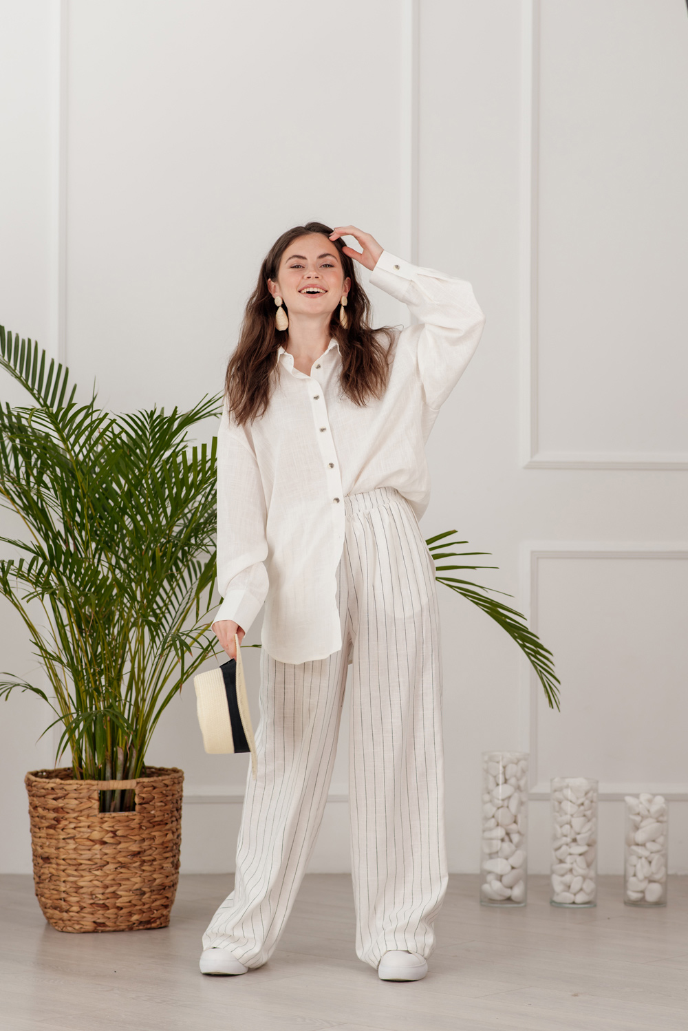 White linen suit with striped pants