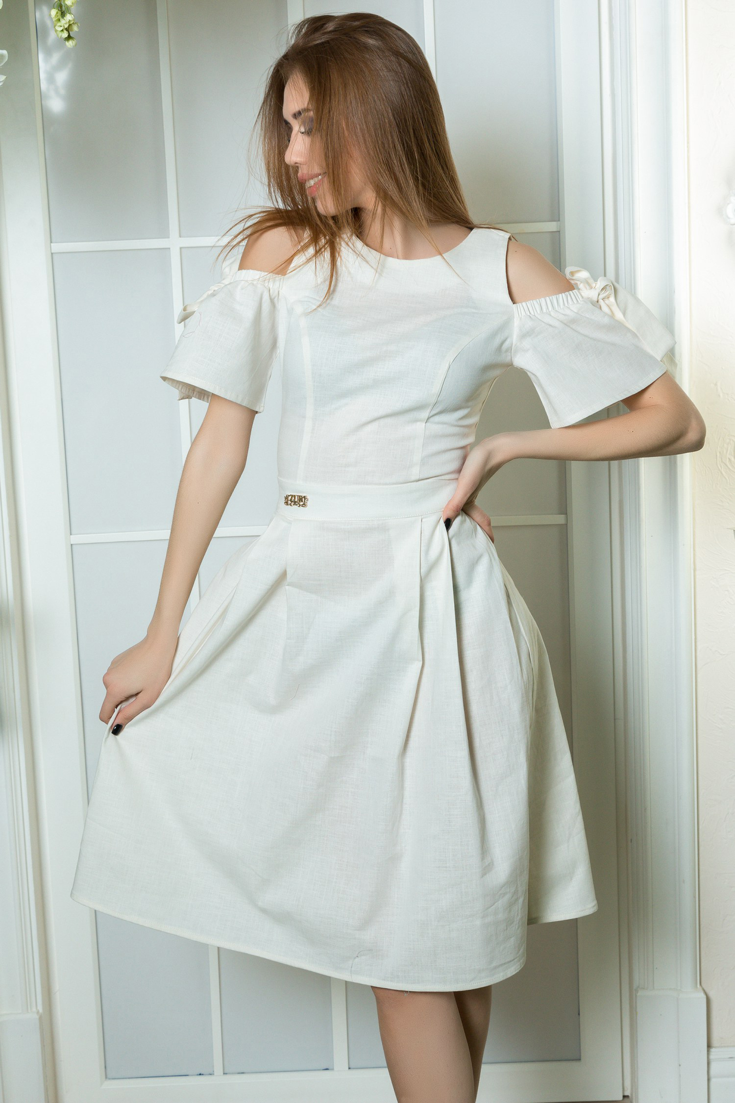 Milk linen dress with bare shoulders
