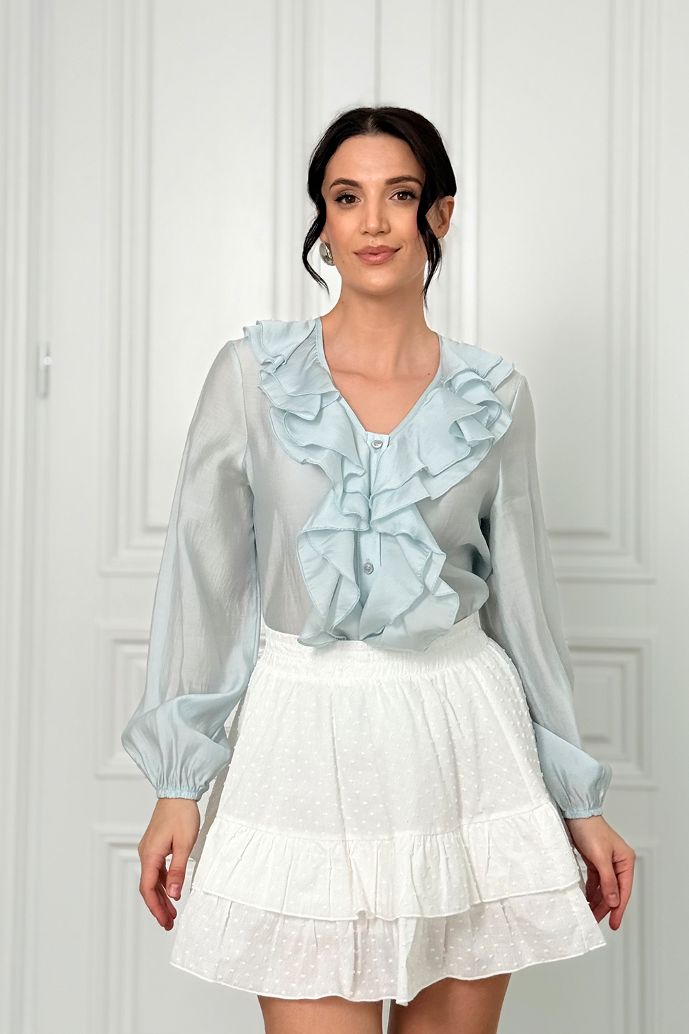 Blue blouse with double ruffles