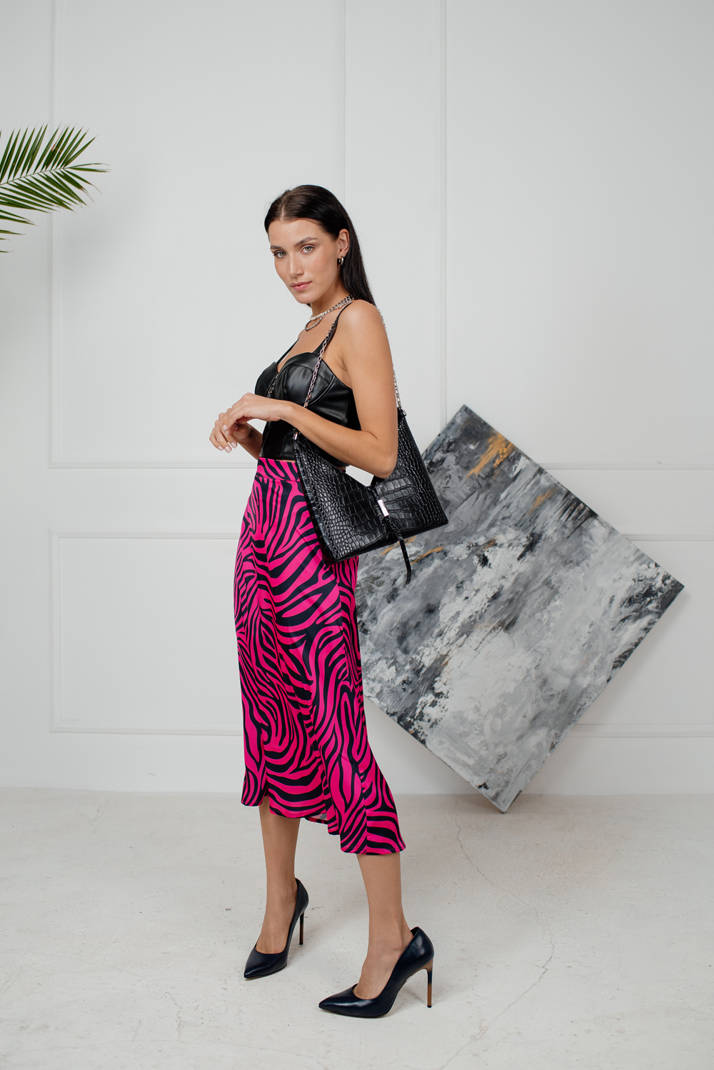 Zebra print silk midi skirt