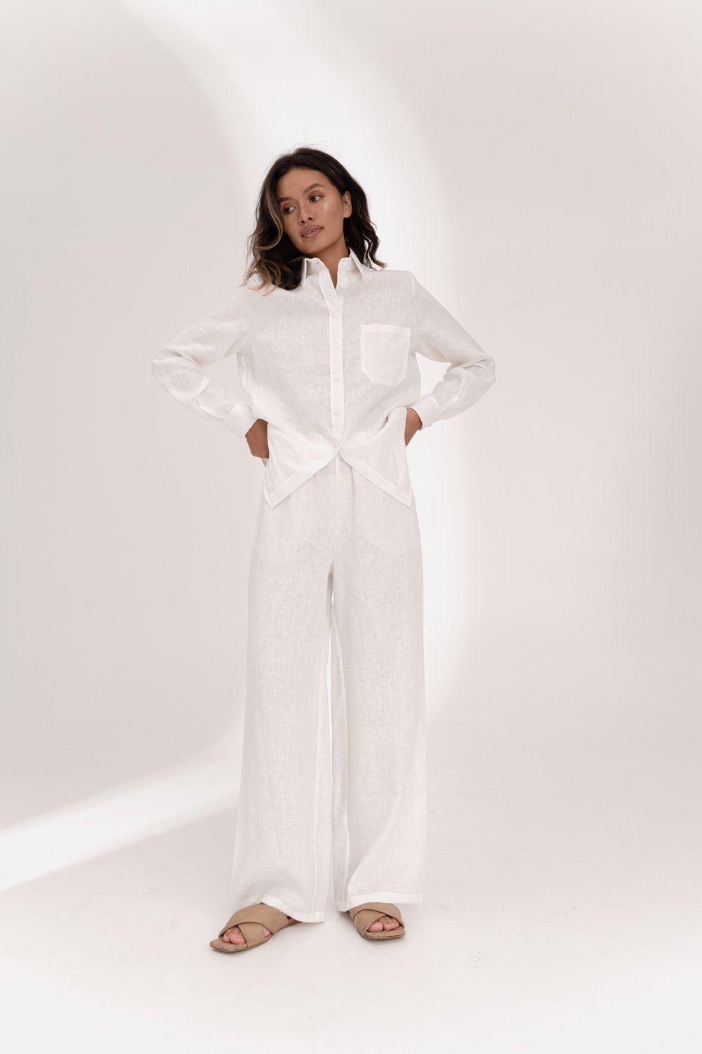 Milk linen trousers with elastic waistband