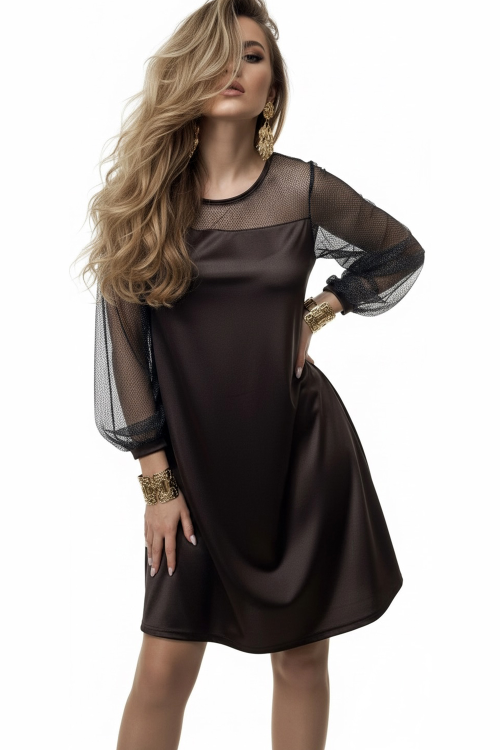 Chocolate A-line shift dress with translucent mesh