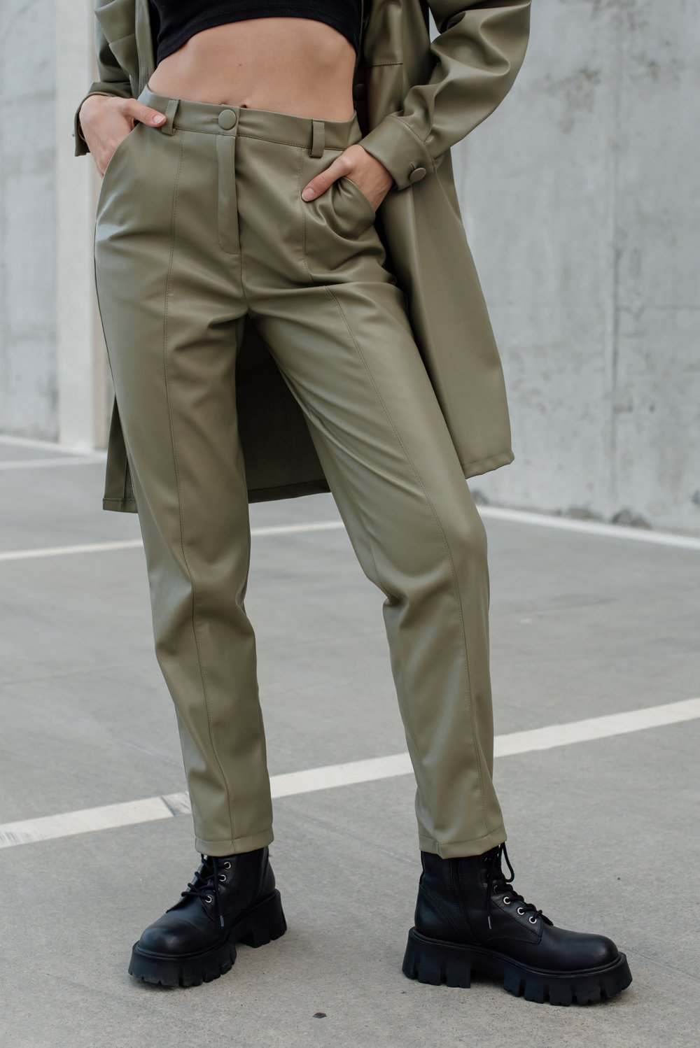 Olive eco leather trousers with arrows