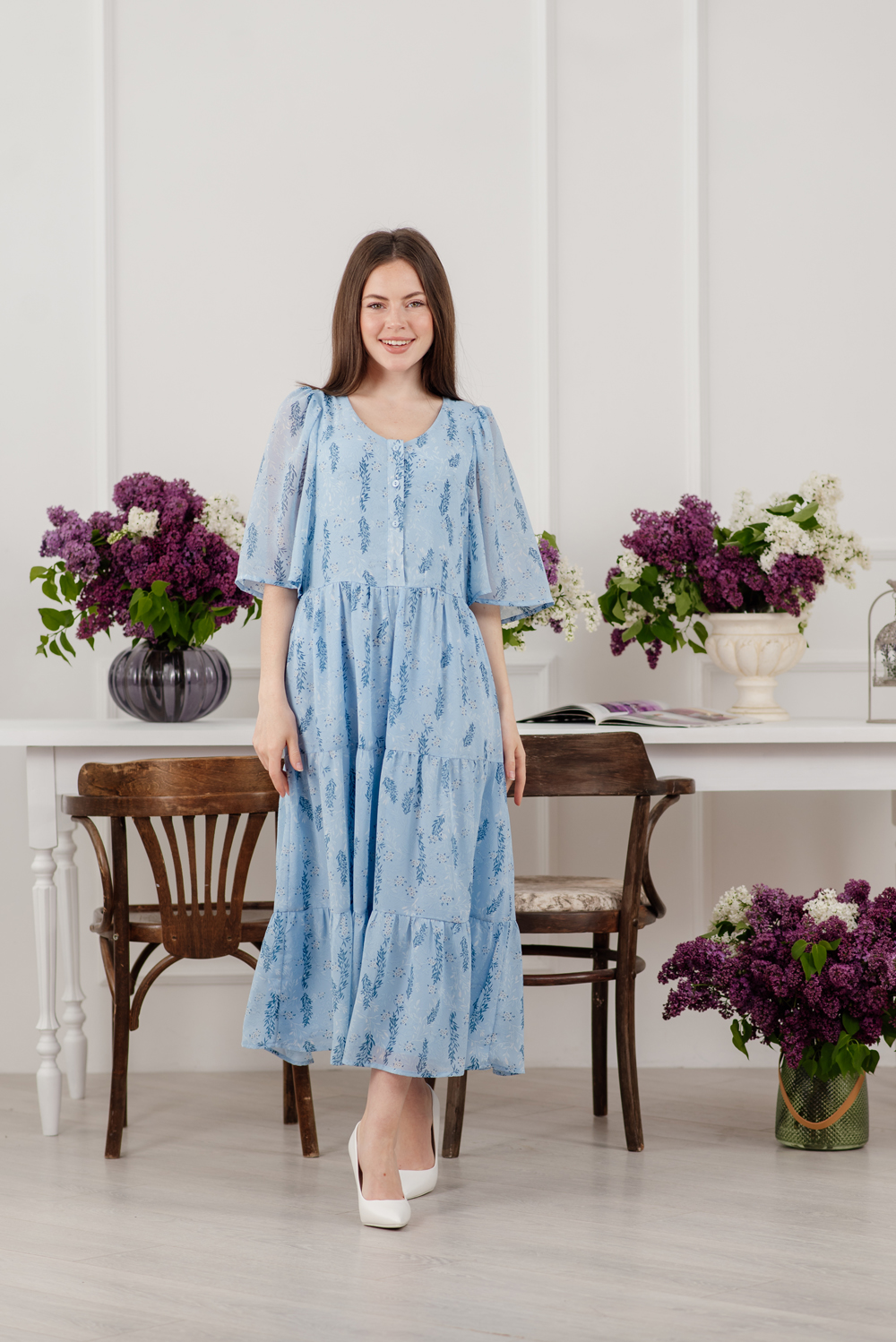 Long blue chiffon dress