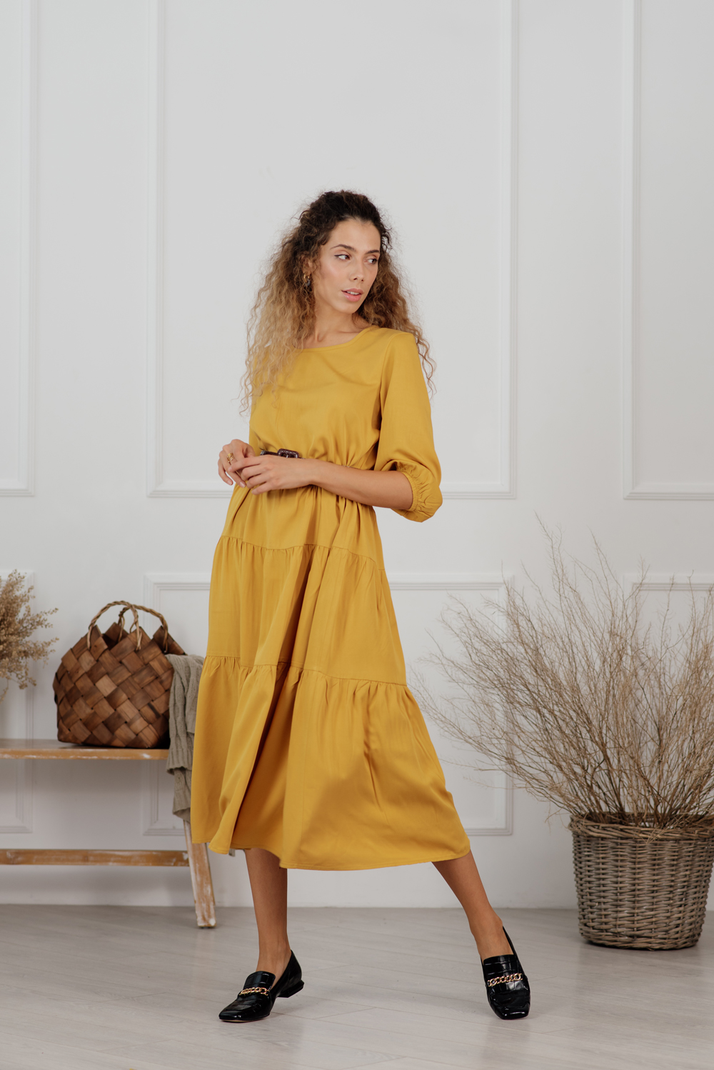 Round Neck Mustard Midi Dress