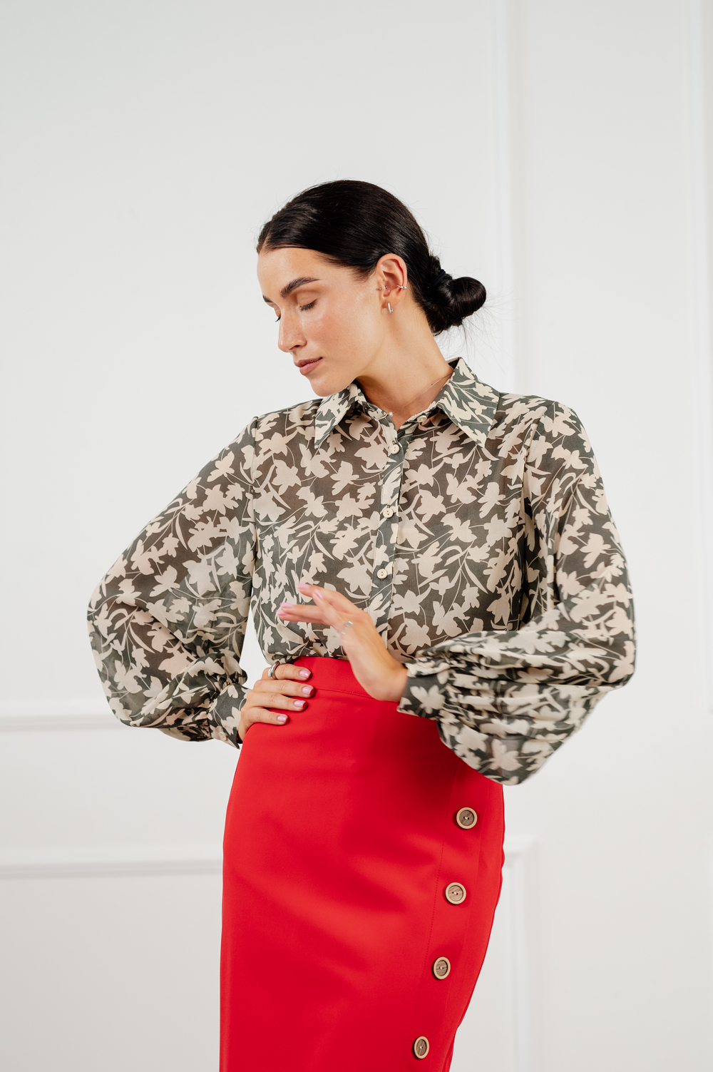 Khaki chiffon blouse with stand-up collar 