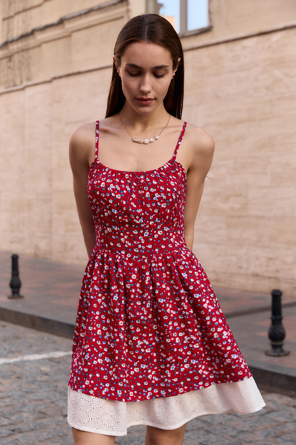 Red sundress with additional stitching lining