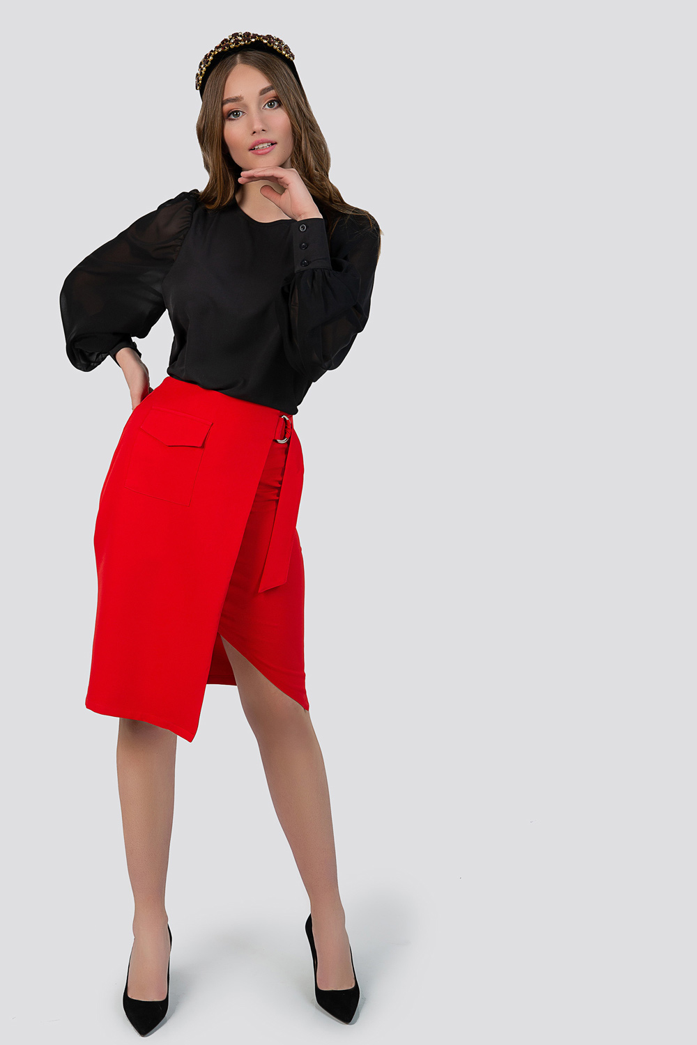 Red wrap skirt with pocket