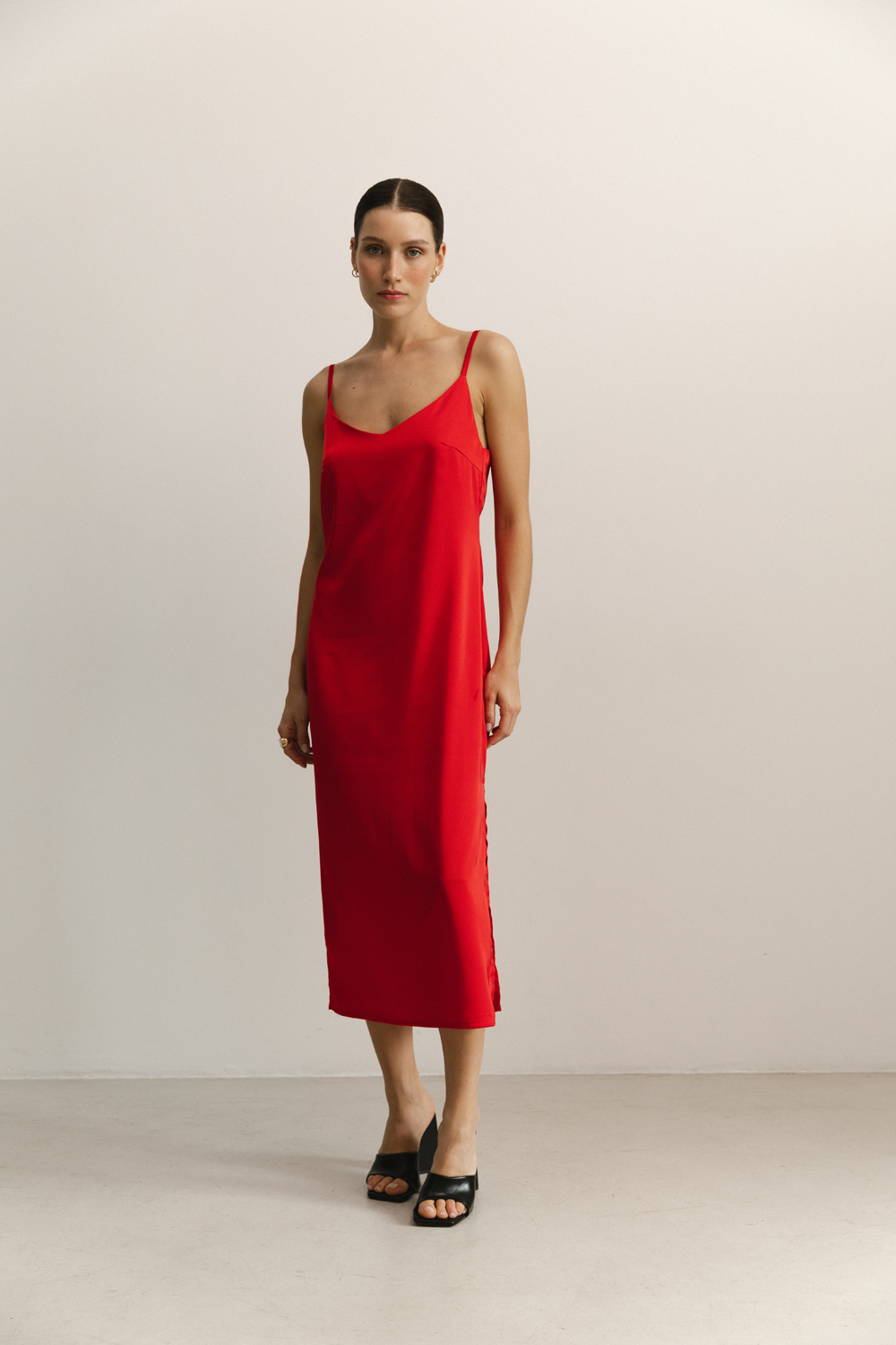 Red Silk Linen Style Midi Dress