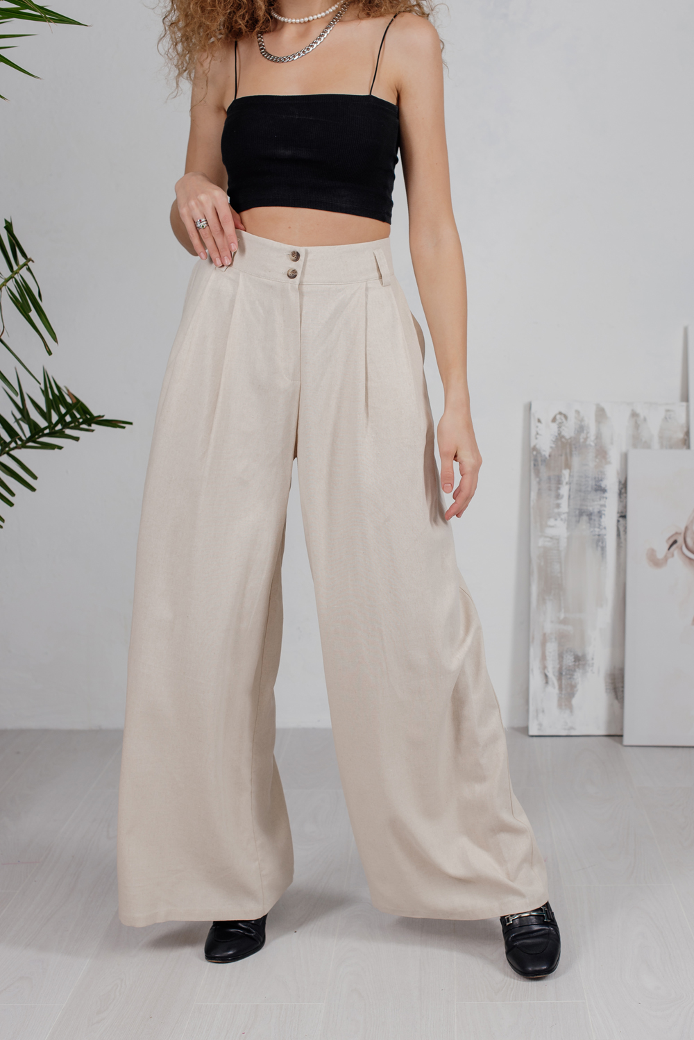 Buttoned flax palazzo trousers