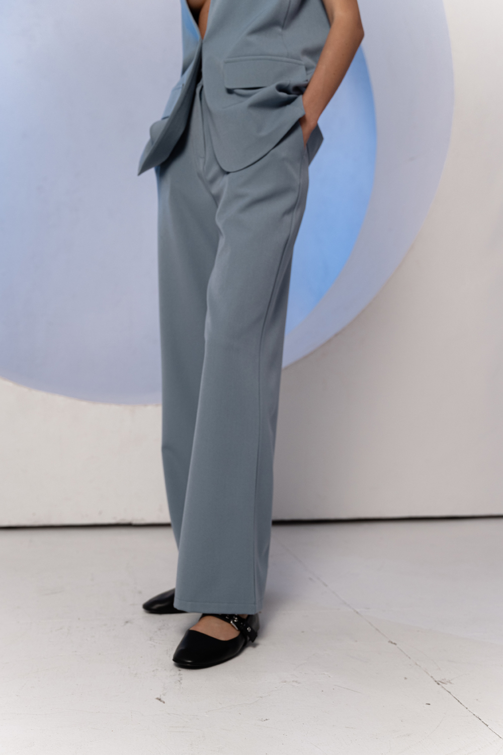 Gray-blue wide trousers with a belt