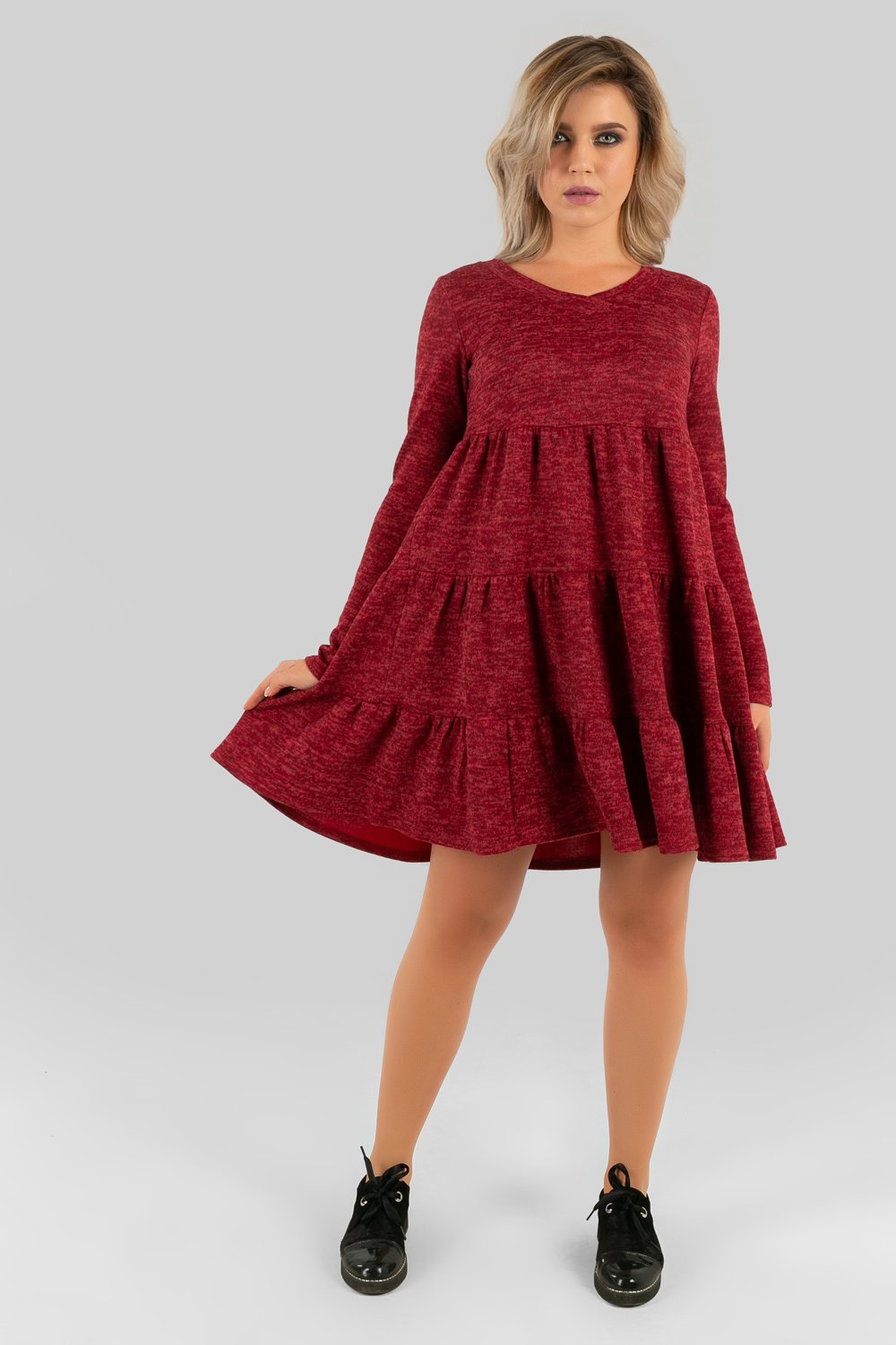 Трикотажна сукня з оборками з ангори в бордовому кольорі