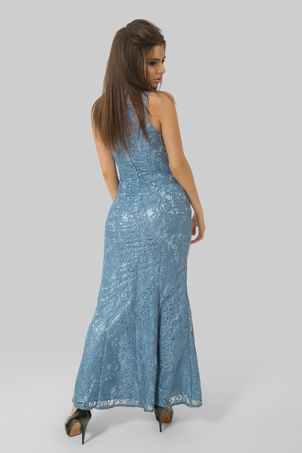 A floor-length evening dress in taupe and blue