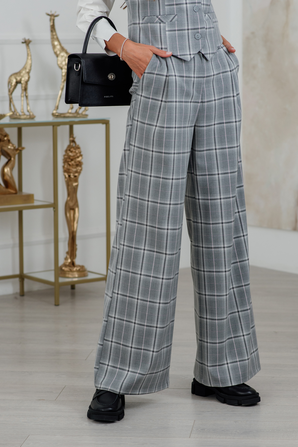 High Rise Plaid Wide Leg Pants