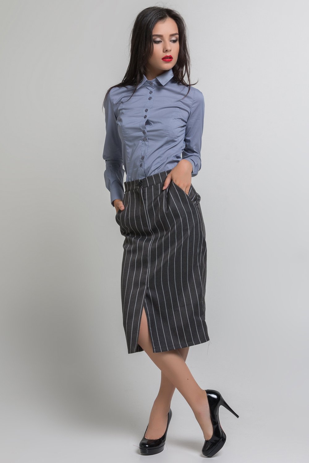 Gray striped midi length skirt.
