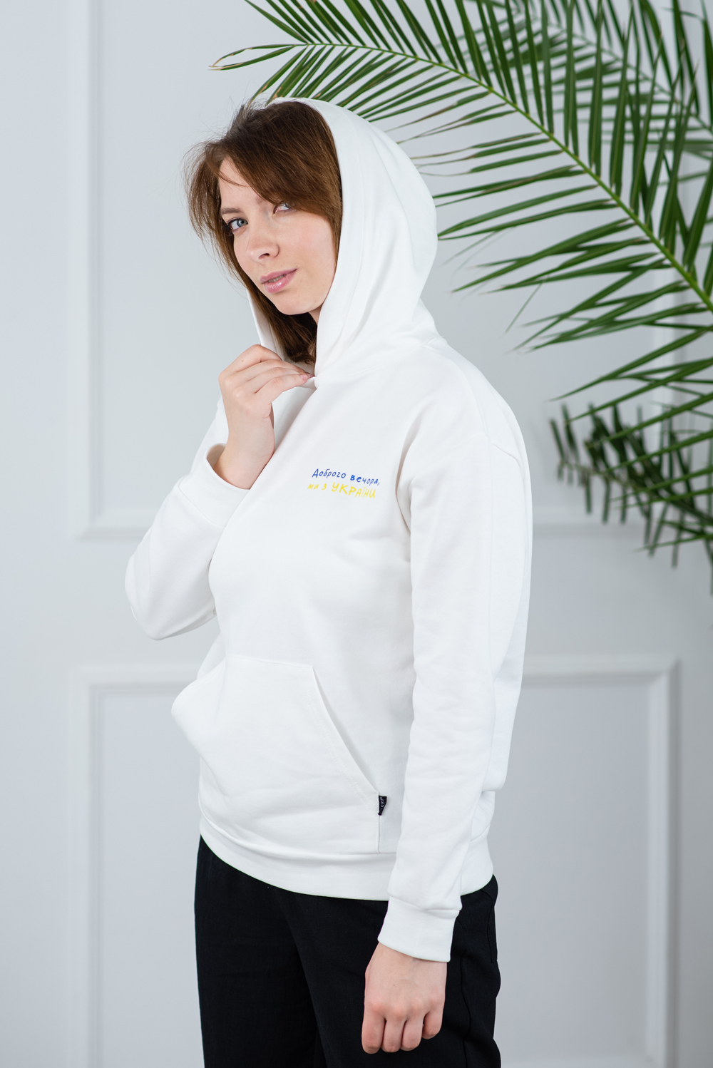 Stylish Women's «Доброго вечора» Hoodie (Milk/Black)